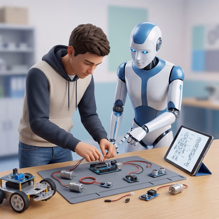 Student building robot with mentor